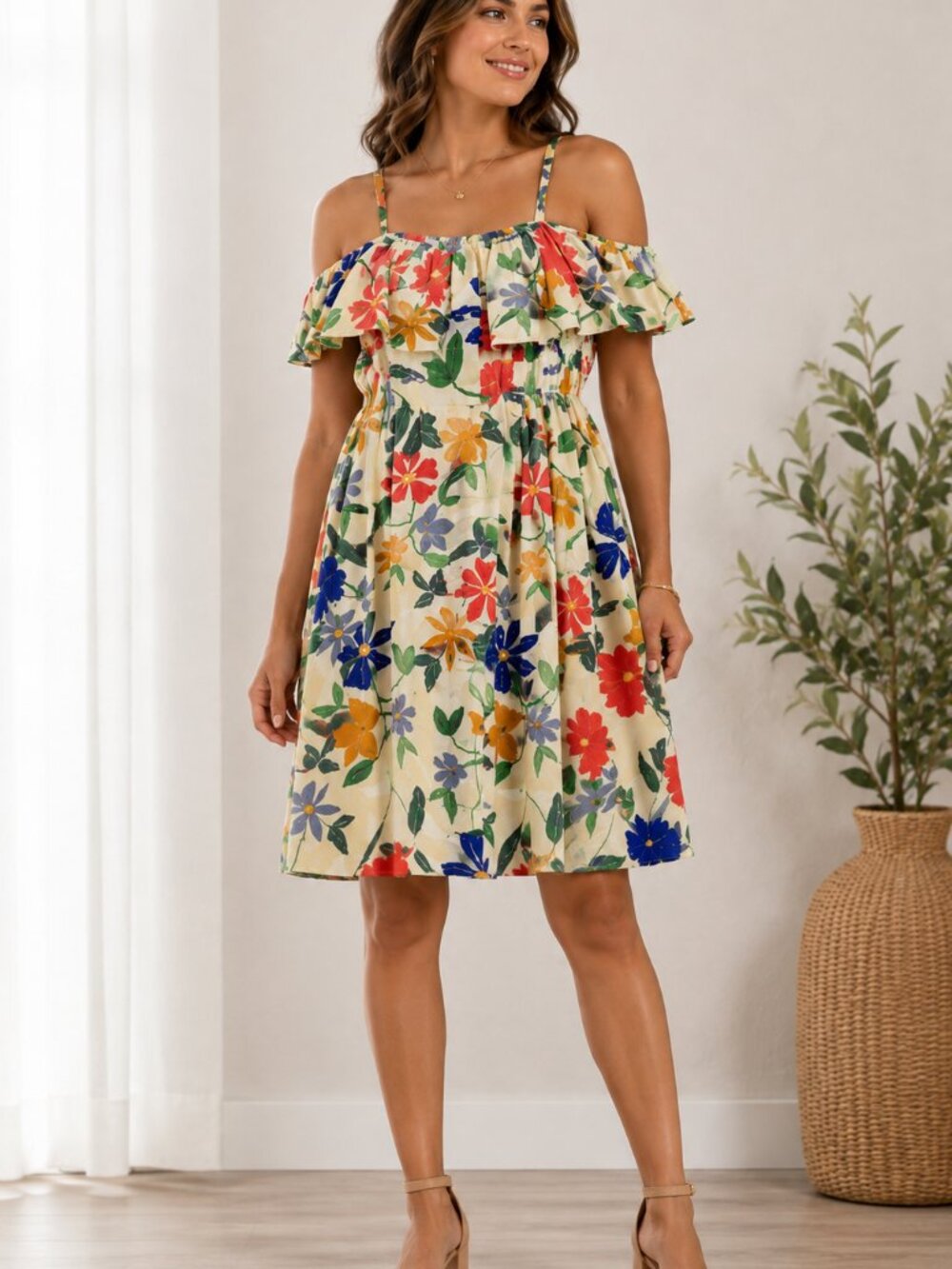 Mavi NWOT M Ivory Floral Cold Shoulder Ruffle Dress Strappy Boho Resortwear